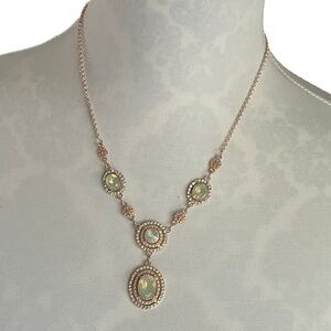 Vintage Style Gold Tone Necklace with Opalescent Oval Crystal